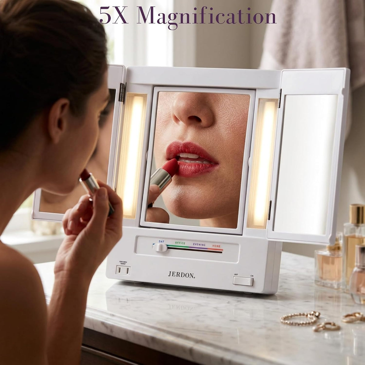 JERDON Lighted Makeup Mirror with 5X Magnification - White - JGL9W