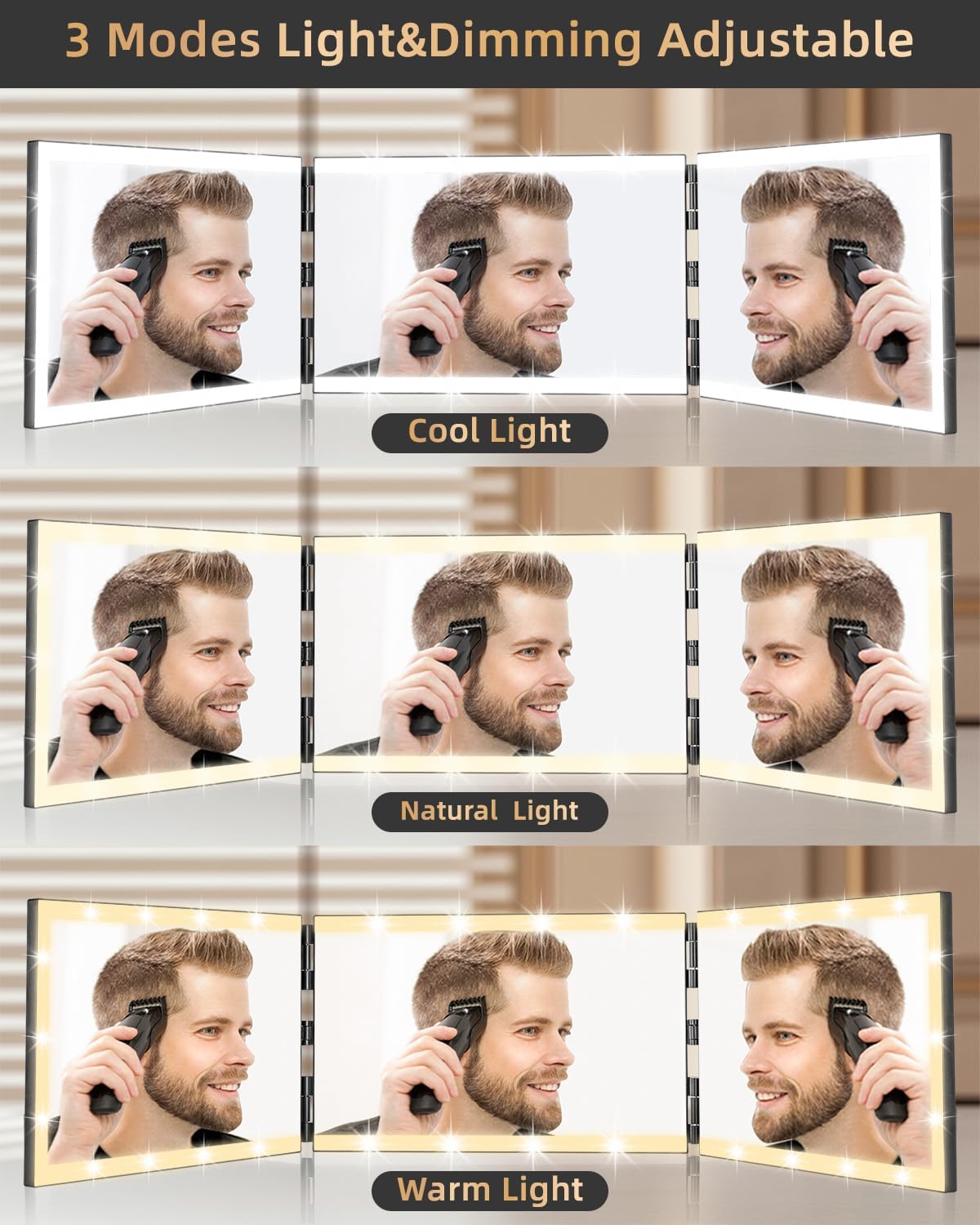 XIGETRAIL Rechargeable 3 Way Mirror for Hair Cutting with 8 Light Strips