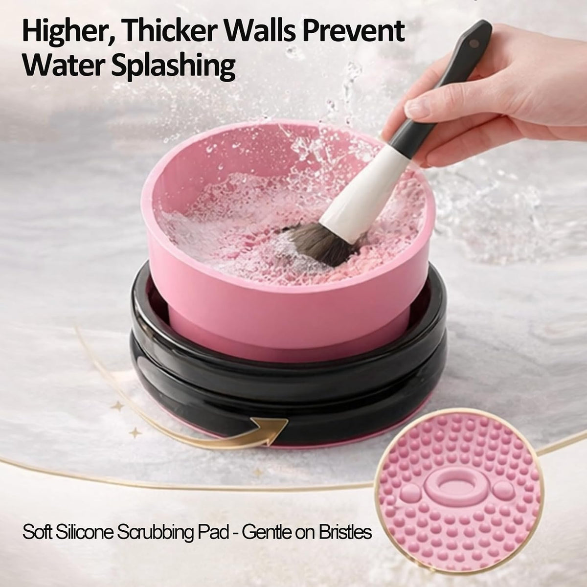 Makeup Brush Holder Cleaner, 3 in 1 Silicone Makeup Brush Cleaning Bowl with Drying Rack, Detachable Brush Organizer for Brushes, Sponges & Puffs, Black and Pink