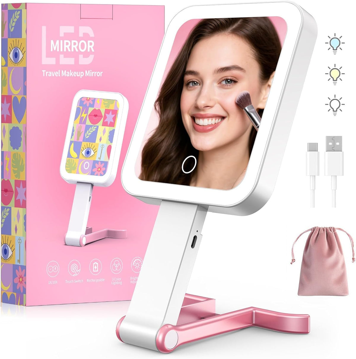 Travel Makeup Mirror with Lights, 10X/1X, 3 Colors, USB-C, Pink, Portable