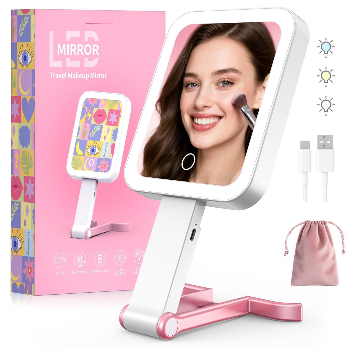 Travel Makeup Mirror with Lights, 10X/1X, 3 Colors, USB-C, Pink, Portable