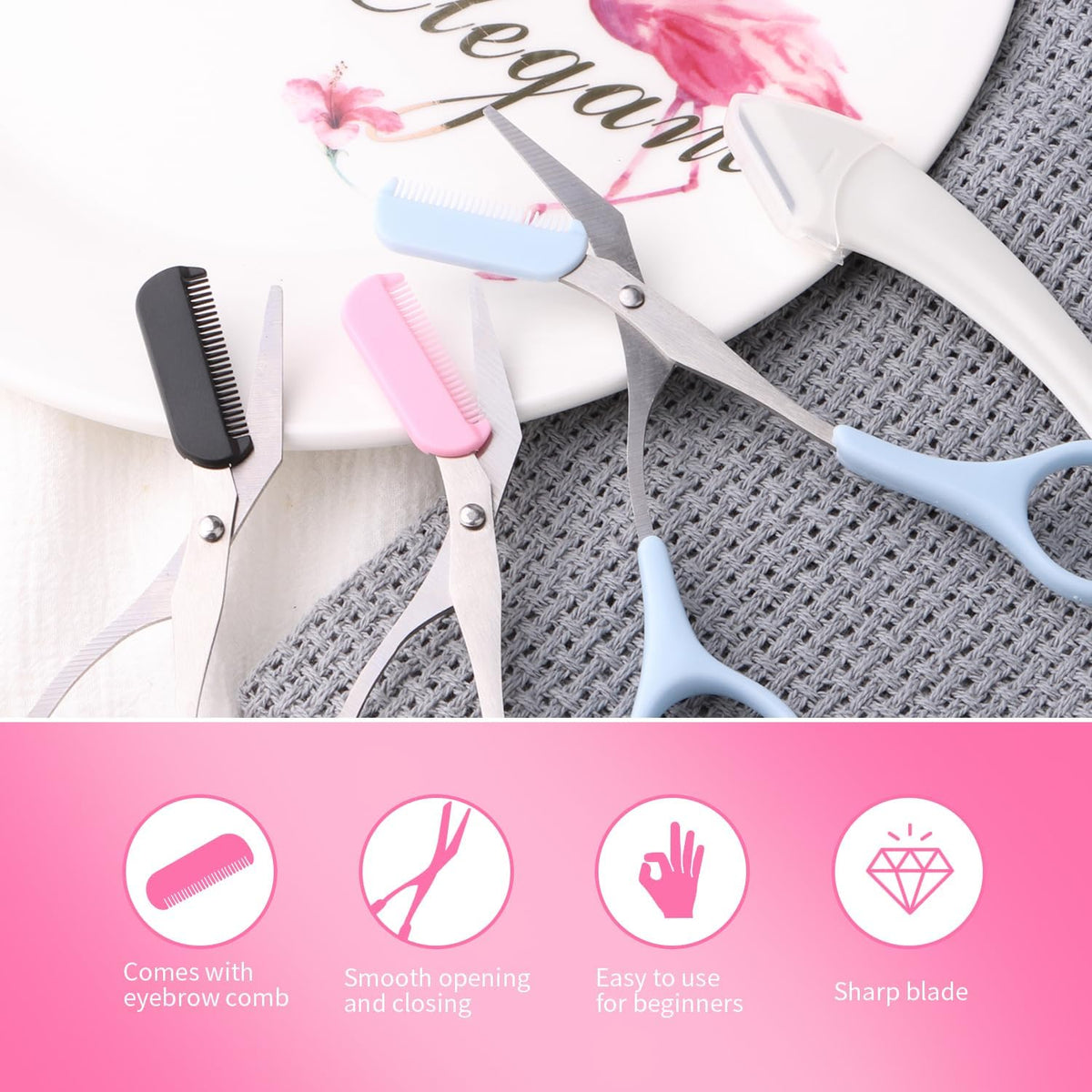 3pcs-Eyebrow Scissors with Eyebrow Razor,Professional Eyebrow Trimmer Scissors with Comb,Non Slip Finger Grips Eyebrow Trimmer, Hair Removal Beauty Accessories for Men Women (Black, Pink, Blue)