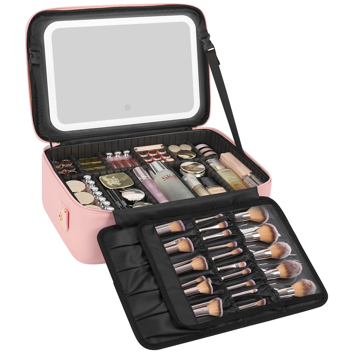 Relavel Travel Makeup Bag With LED Mirror, Cosmetic Train Case with Light up Mirror, Portable Makeup Artist Organizer Bag with Adjustable Dividers, Makeup Brush Holder Storage, Black