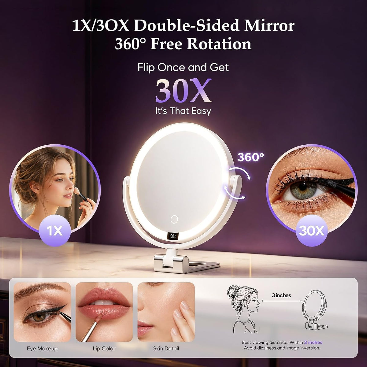 1X/30X Makeup Mirror with Lights, Rechargeable Magnifying Mirror