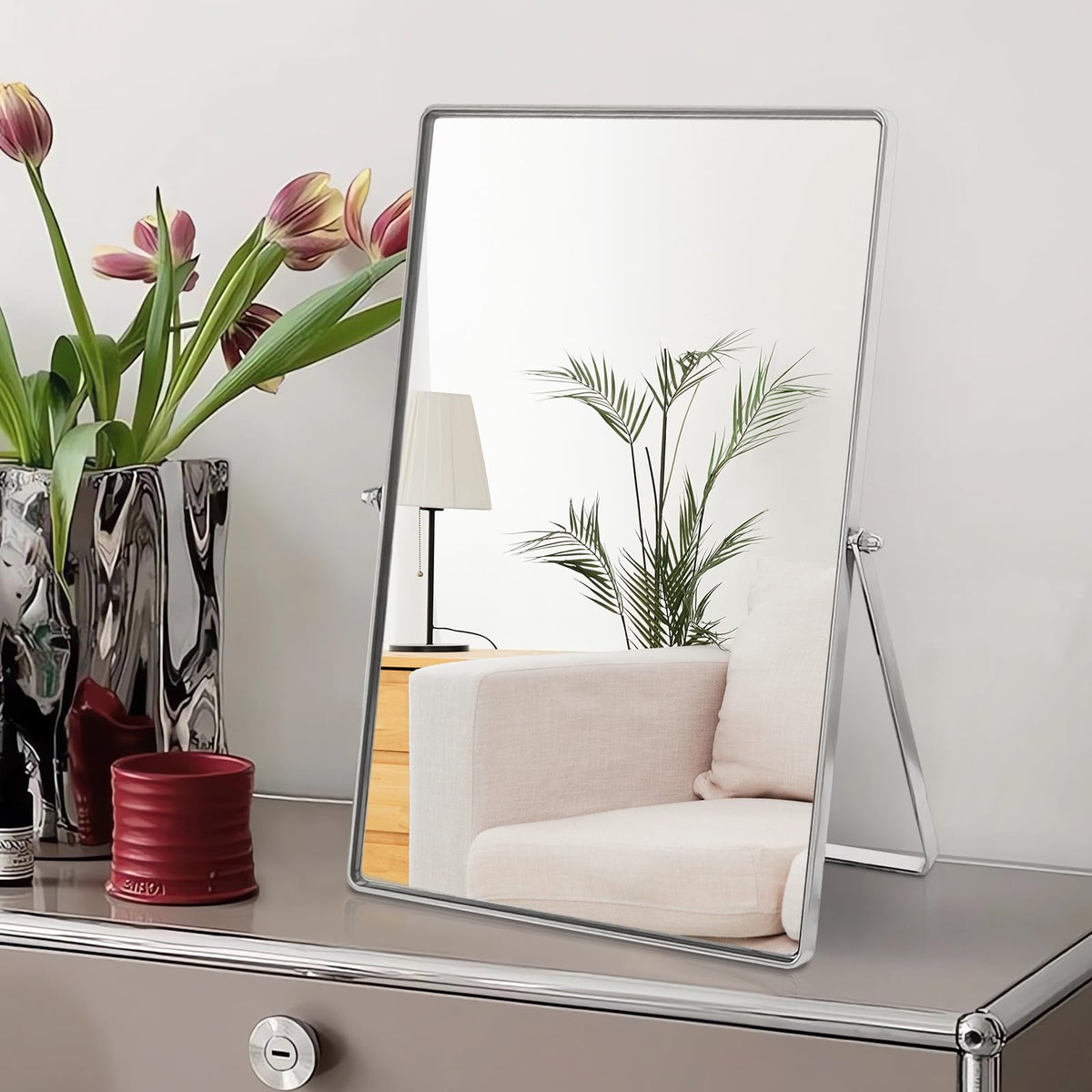 Vanity Desk Table Mirror Oval Makeup Mirror 90°Adjustable Rotation Golden Metal Framed Standing Mirrors Room Decor for Living Room,Bedroom,Tabletop,Bathroom