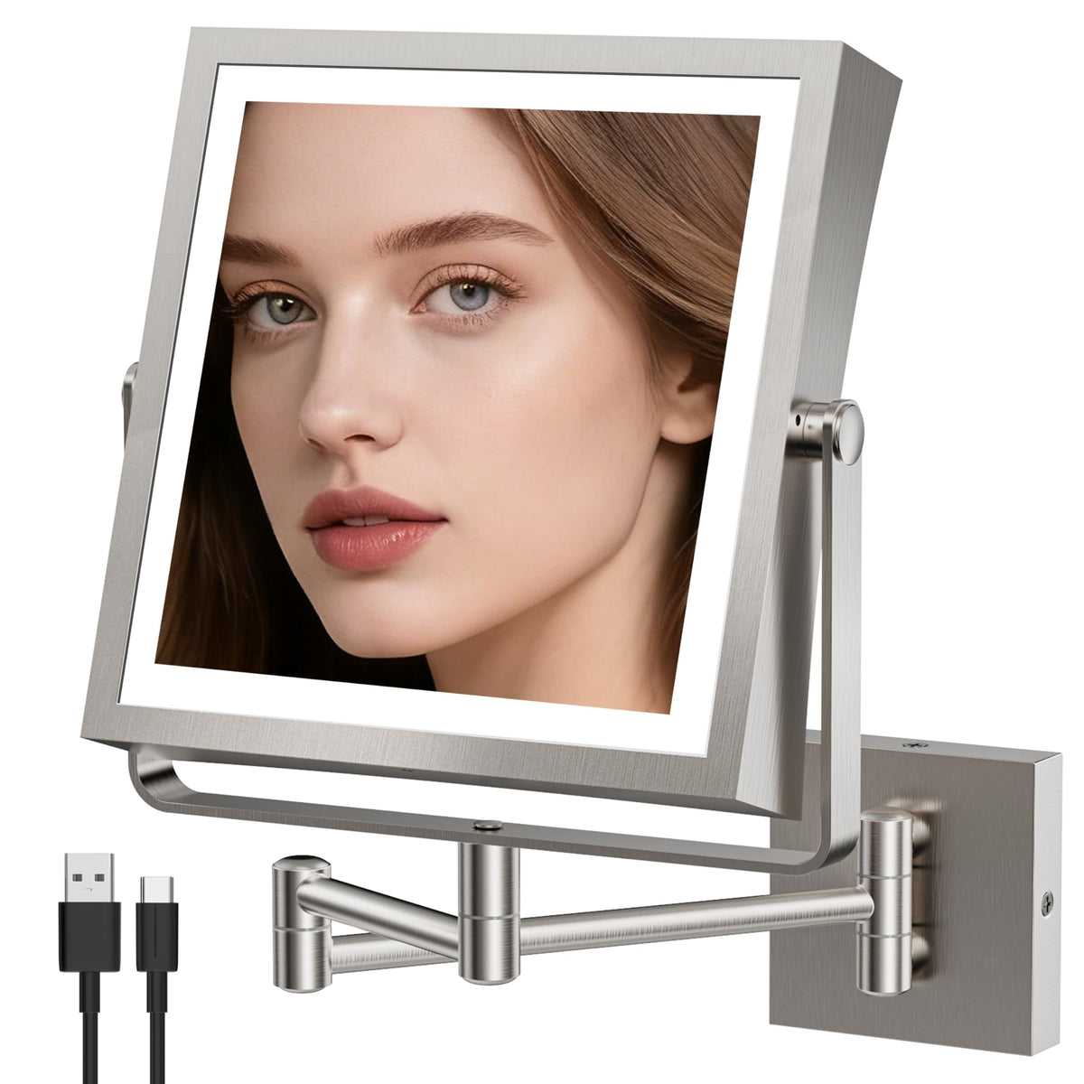 Wall Mounted Lighted Makeup Mirror 1X/10X Square Brushed Gold