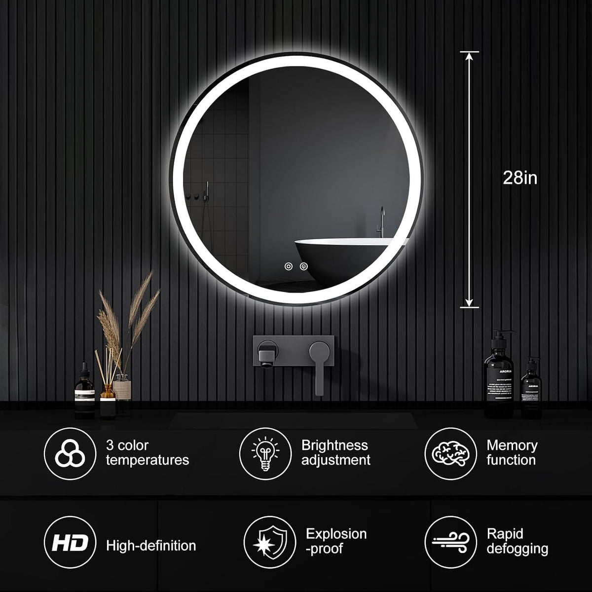DUMOS 28 Inch Round LED Bathroom Mirror with Lights, Circle Vanity Mirror