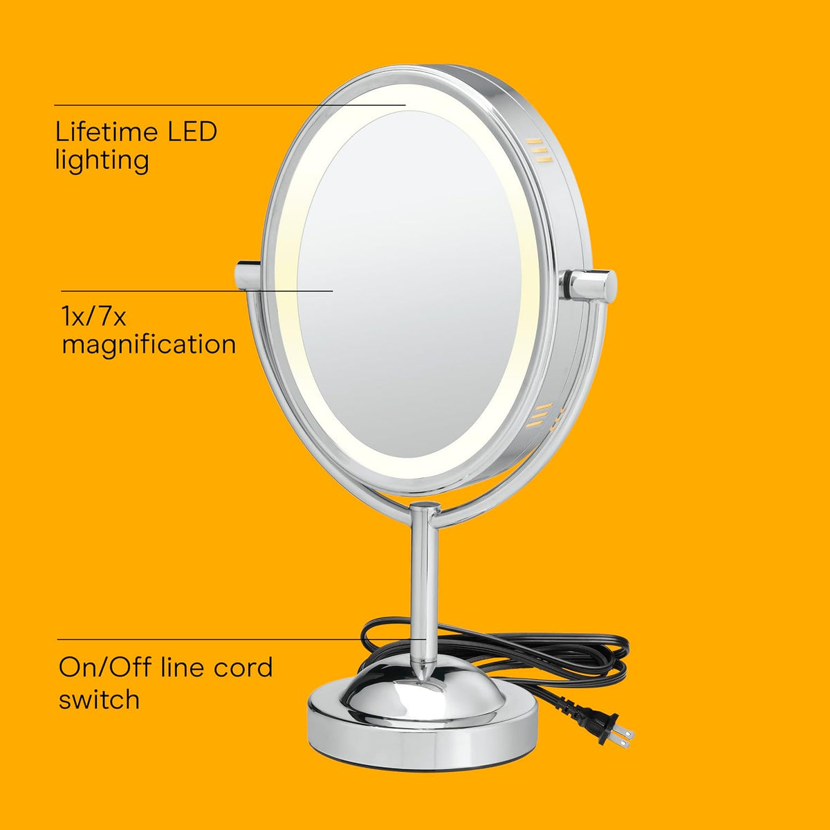 Conair Lighted Makeup Mirror, LED Vanity Mirror, 1X/7X Magnifying Mirror, Double Sided, Corded in Polished Chrome