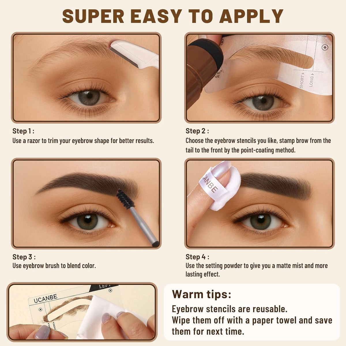 UCANBE 25PCS Eyebrow Stamp Stencil Kit With Dual-Color Eyebrow Stamp Pomade,20 Reusable Eyebrow Stencils,Finising Powder,Brush,Eyebrow Razor,Zipper Pouch,Waterproof Eye Brow Stamping and Shaping Kit04