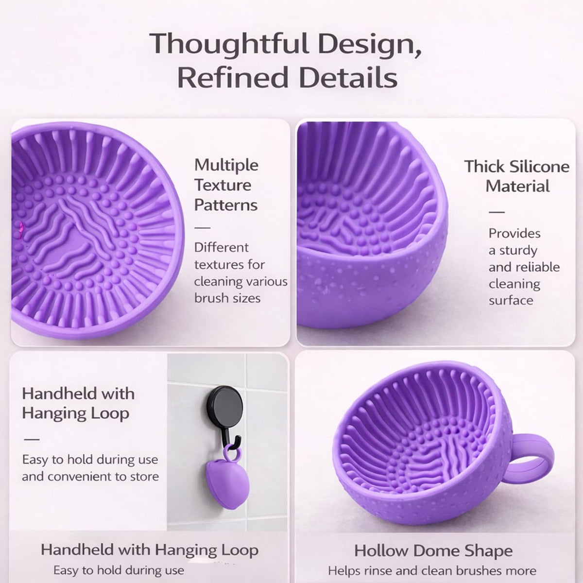 Silicone Makeup Brush Cleaner Bowl, Portable Brush Washing Tool with Textured Cleaning Pad, Compact Makeup Cleaning Bowl for Brushes, Sponges & Puffs (Purple)