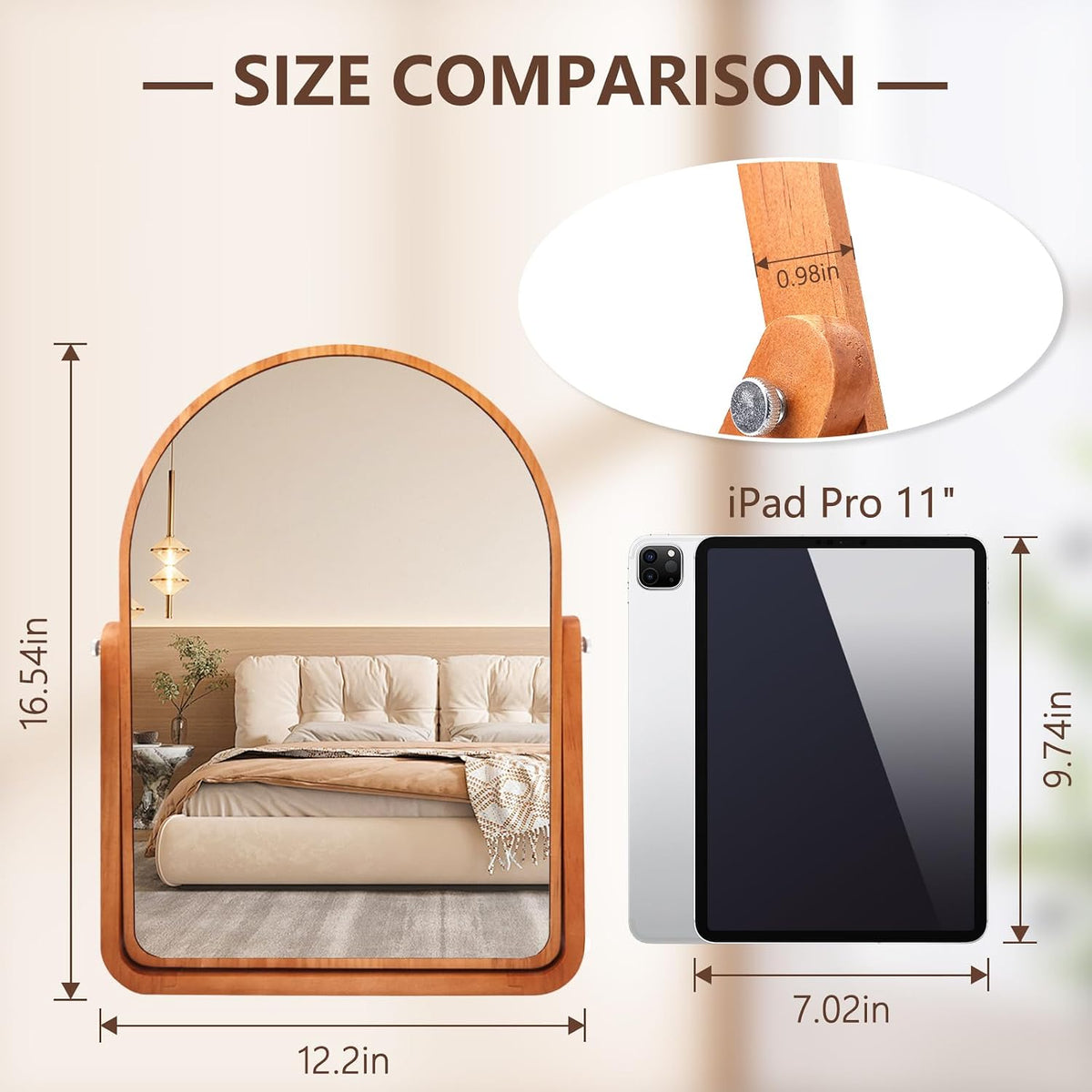 ZOROSY Arched Desk Mirrors with Stand- Wood Table Makeup Mirrors