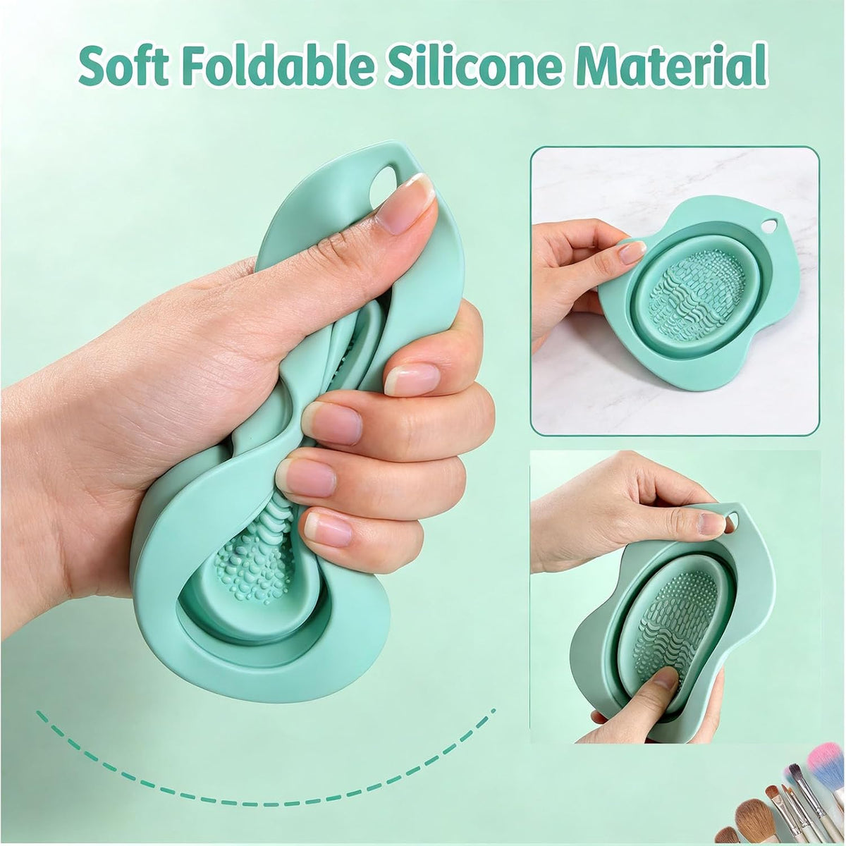 Portable Silicone Makeup Brush Cleaner Bowl Foldable Cleaning Mat- Brushes Sponges and Puffs (green)