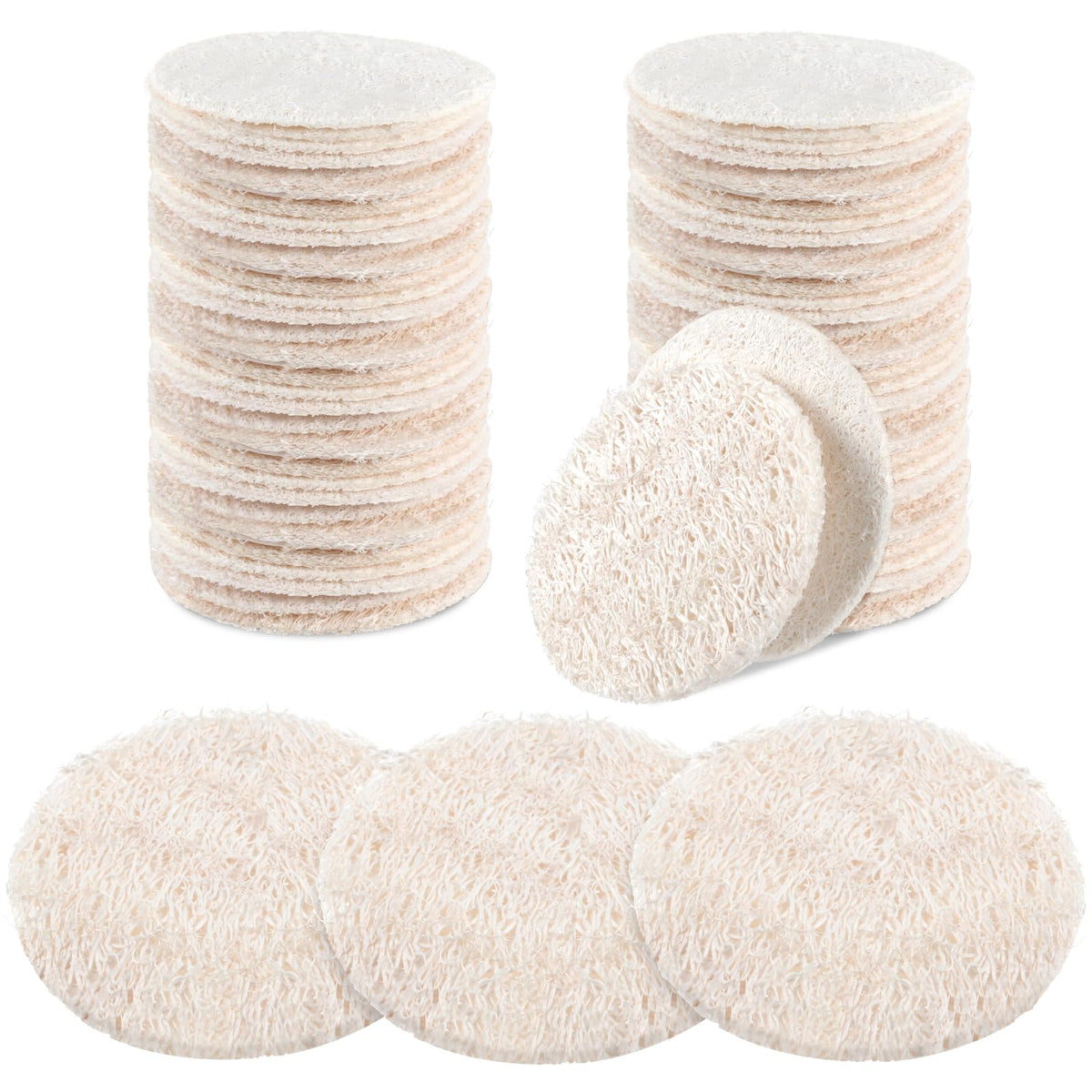 Bokon 100 Pcs Loofah Exfoliating Face Pads 2.36" Round, Beige