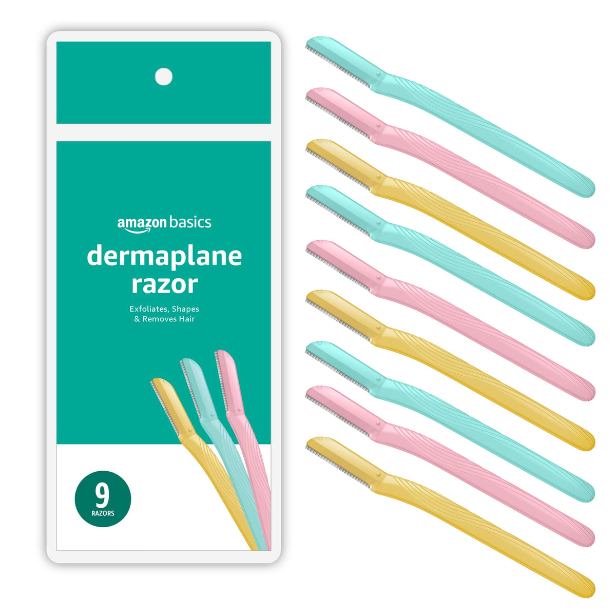 Amazon Basics Women's Dermaplaning Tool, Peach Fuzz Remover, Facial Hair Removal, Exfoliating Face Razor with Microguard Blade for Safe Eyebrow Shaping, Includes Blade Cover, Multicolor, 3 Count