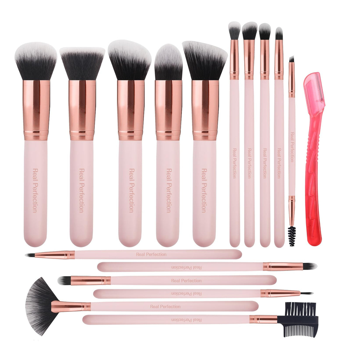 Real Perfection Makeup Brush Set 16 Pcs with 1 Eyebrow Razor Premium Synthetic Foundation Powder Concealers Eyeshadow Blush Makeup Brushes Make up Brushes Kit (Black)