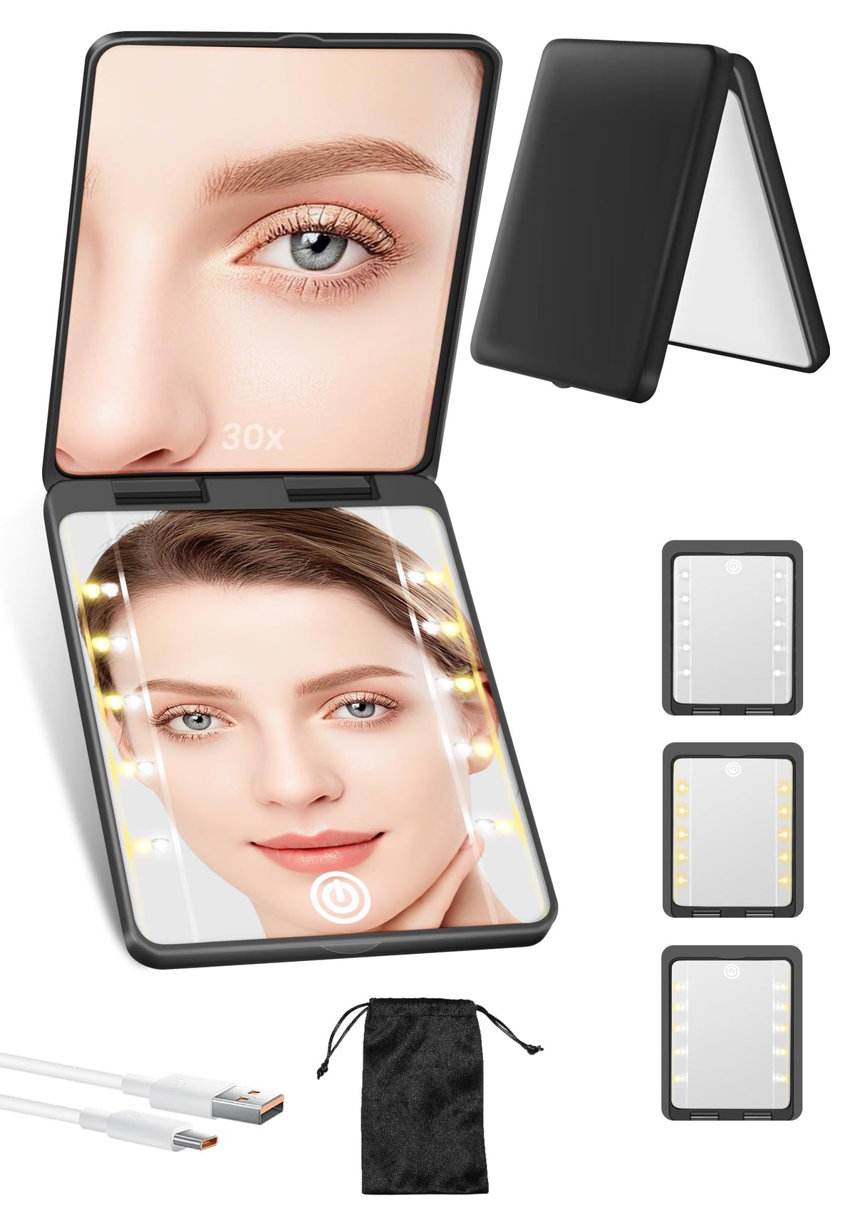 Compact Mirror, Rechargeable Magnifying Makeup Mirror with Light 30X Pink