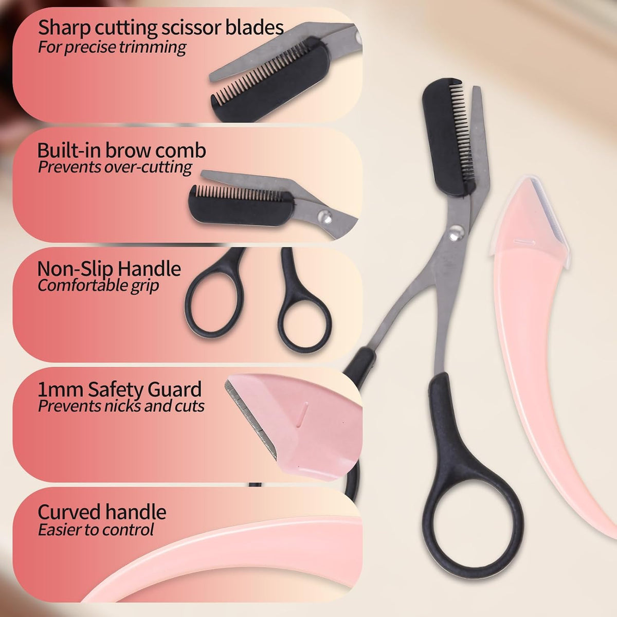 3Pack Eyebrow Scissors with Comb,Stainless Steel Eyebrow Trimmer Scissors with Eyebrow Razor for Beginner,Women & Men,Portable Grooming Hair Removal Beauty Set (Black, Pink)