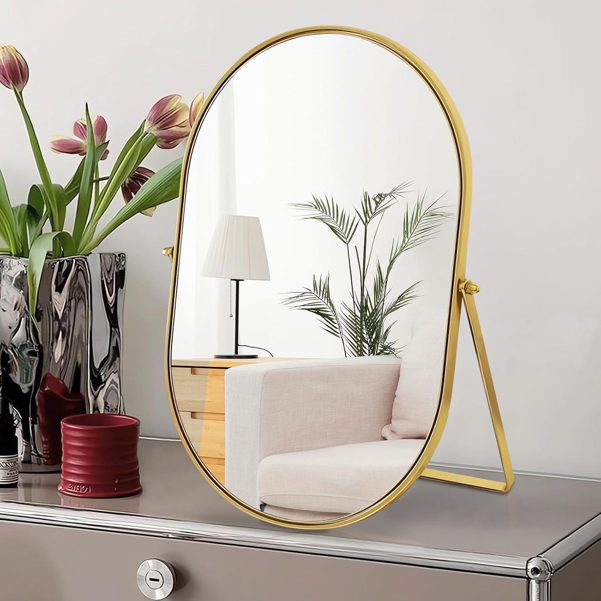 Vanity Desk Table Mirror Oval Makeup Mirror 90°Adjustable Rotation Golden Metal Framed Standing Mirrors Room Decor for Living Room,Bedroom,Tabletop,Bathroom