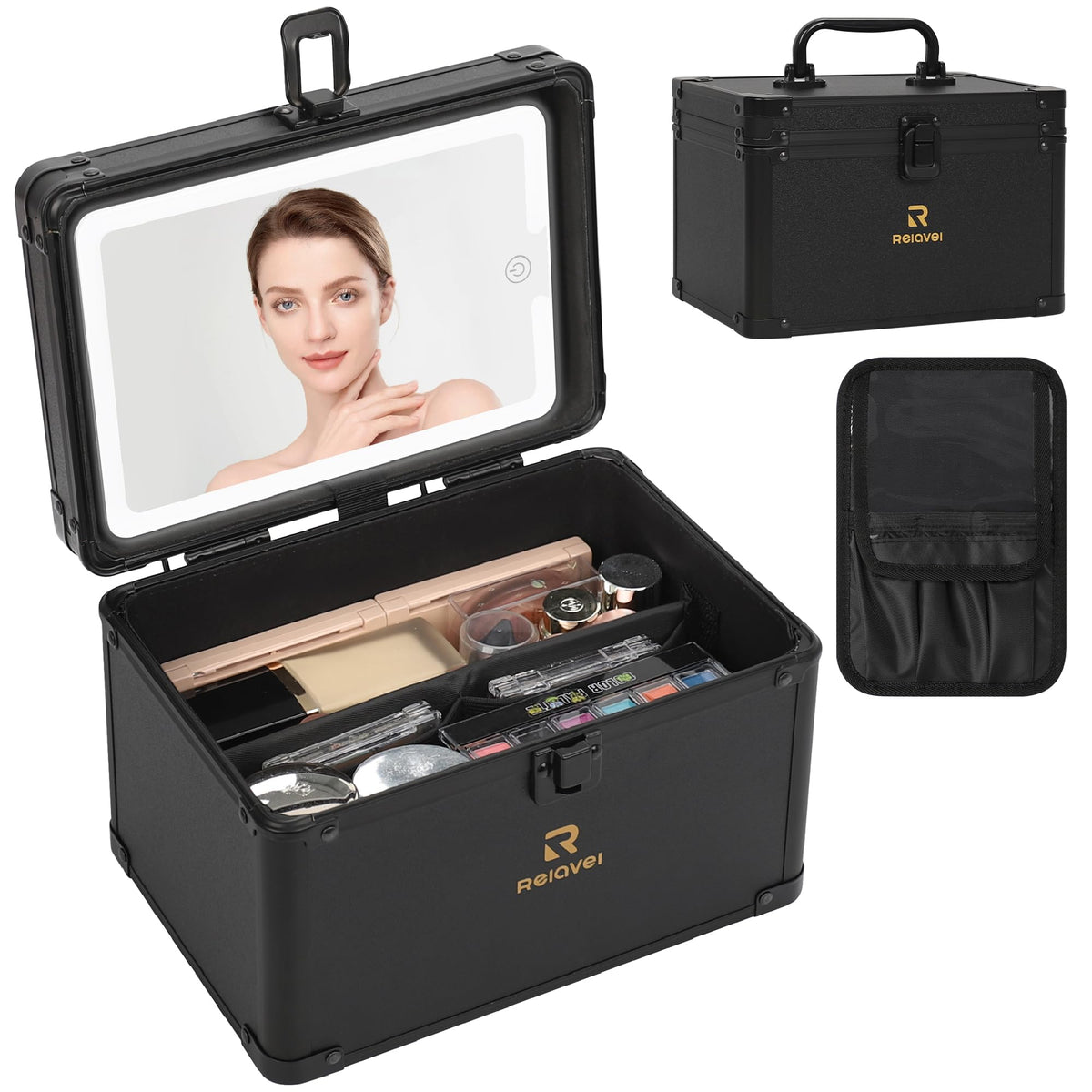 Relavel Travel Makeup Bag With LED Mirror, Cosmetic Train Case with Light up Mirror, Portable Makeup Artist Organizer Bag with Adjustable Dividers, Makeup Brush Holder Storage, Black