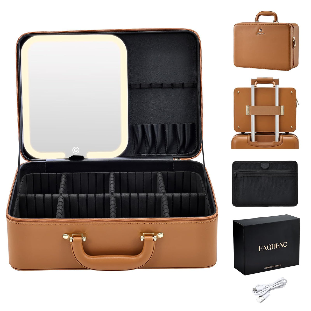 Faquenc Leather Makeup Case with LED Lighted Mirror 11.4 Inch Travel Makeup Bag Adjustable Brightness in 3 Colors Cosmetic Organizer Artist Storage Bag with Dividers Brush Holder Bag Vanity White