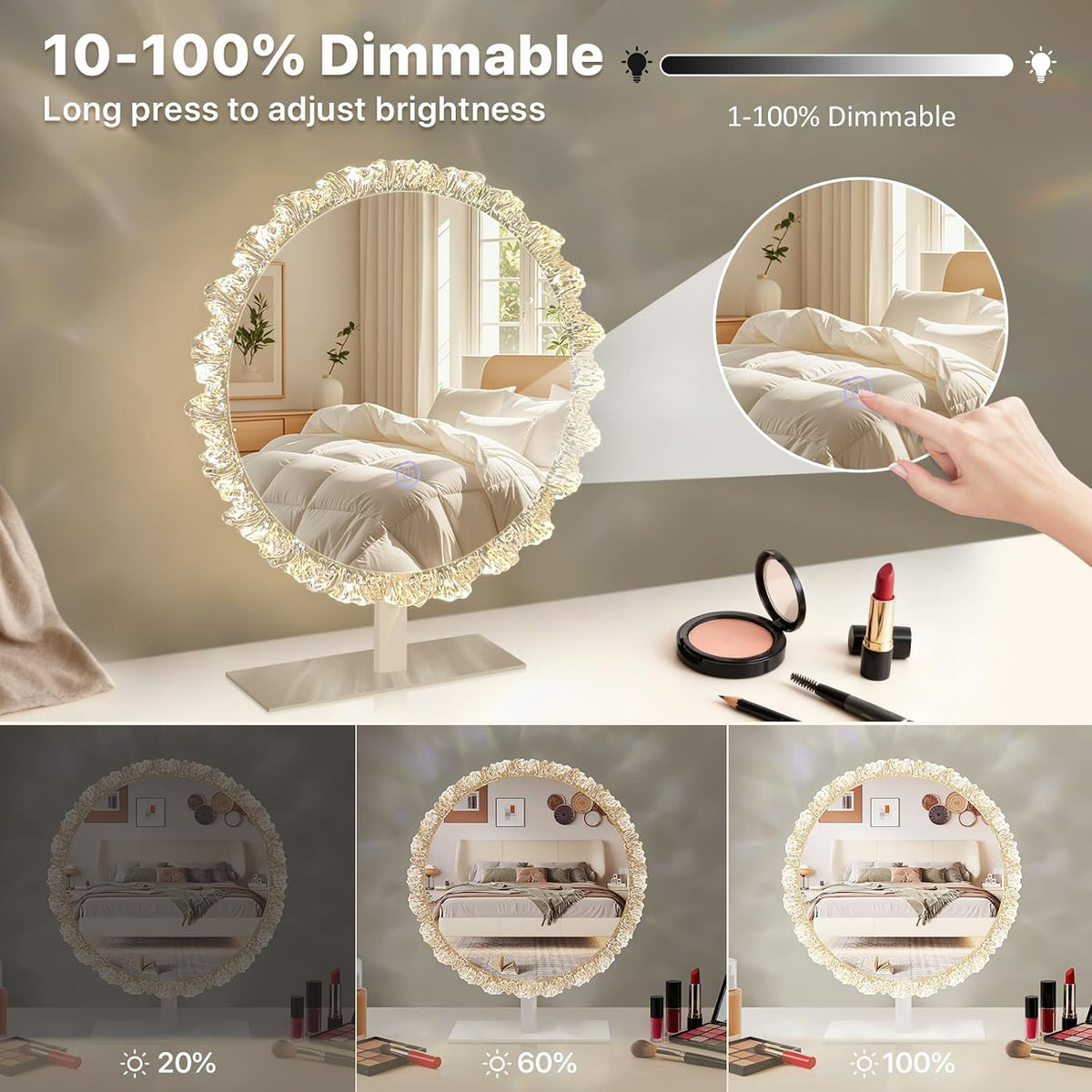 Crystal Vanity Mirror, 12" Silver LED Makeup Mirror, 3CCT, Round