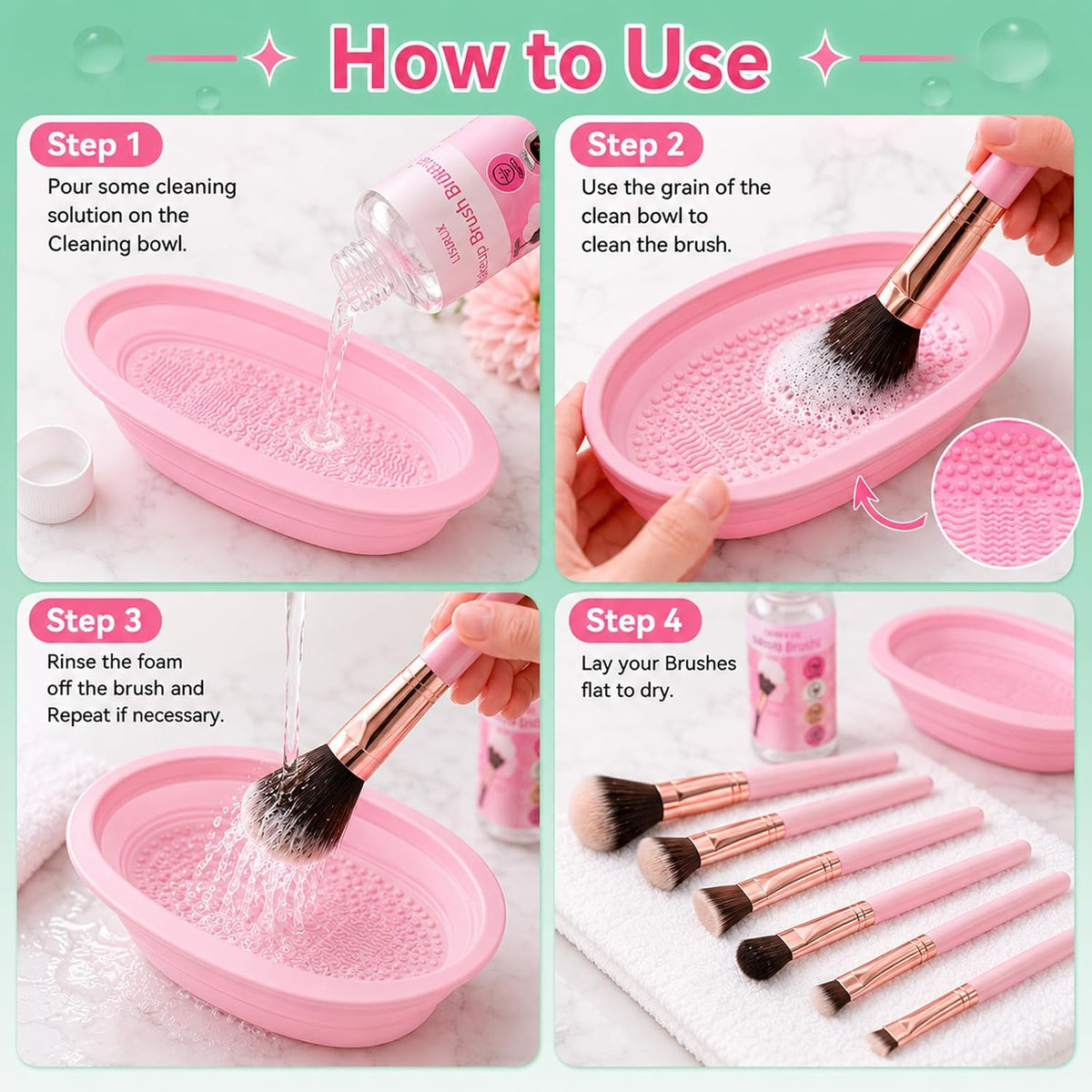 Makeup Brush Cleaner, Make Up Brush Cleaner Cleanser, 37.18 Fl Oz (4 Bottles) With Cleaning Bowl, Makeup Cleaner for Brushes, Sponges and Puffs, Gentle Deep Clean Brush Shampoo, Vegan & Cruelty-Free