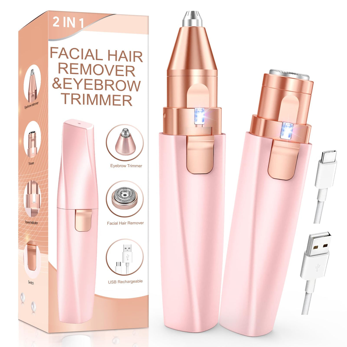 Eyebrow Trimmer Facial Hair Removal for Women: 2 in 1 Rechargeable Face Shaver with LED Light, Painless Electric Eyebrow Razor for Eyebrows, Upper Lip, Chin, Peach Fuzz & Fine Facial Hair