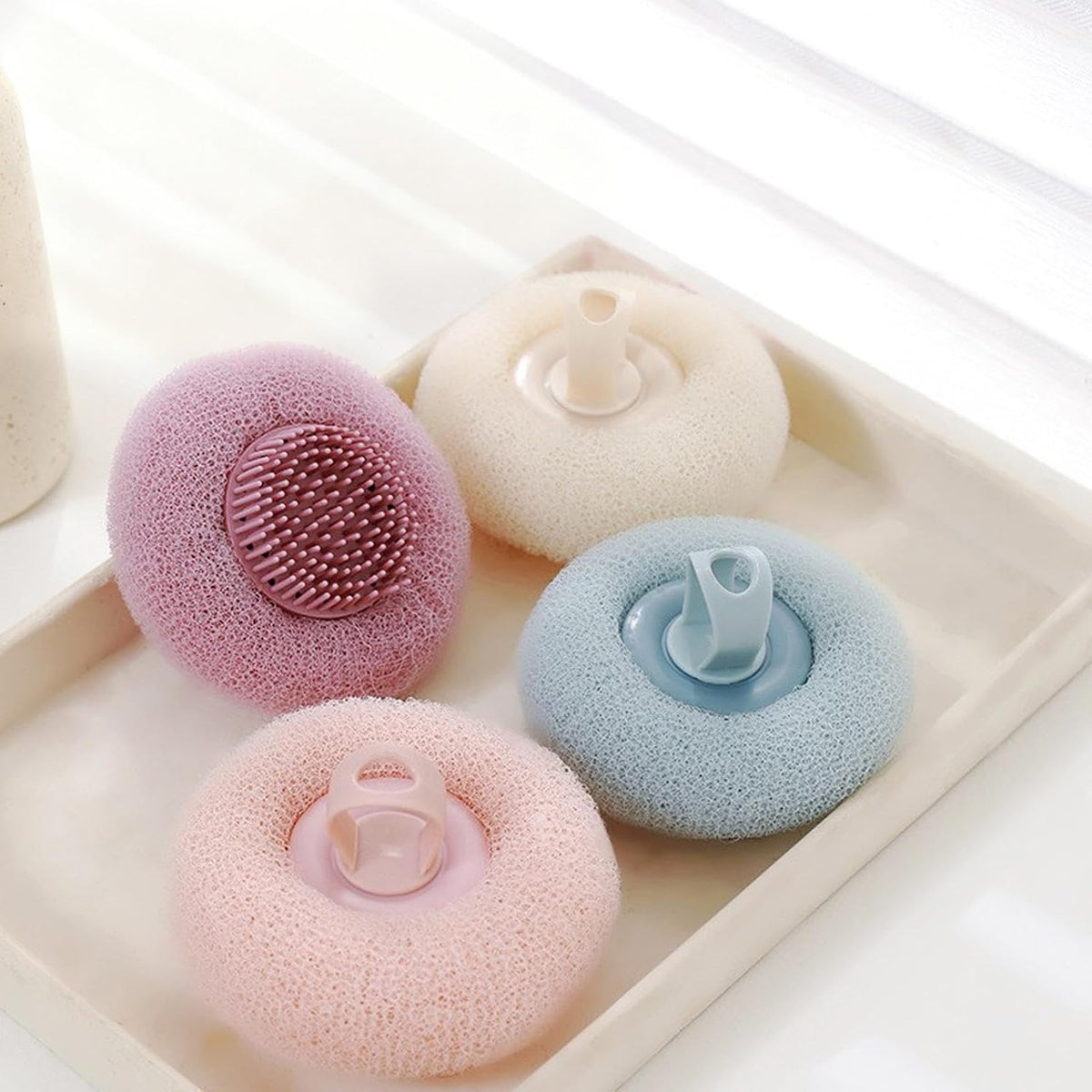 Super Soft Sunflower Suction Cup Bath Ball, 2026 New Exfoliating Bath Bath Sponge Cleaning Brush with Finger Rings for Women and Men (Begie, 4 pcs) (Set)