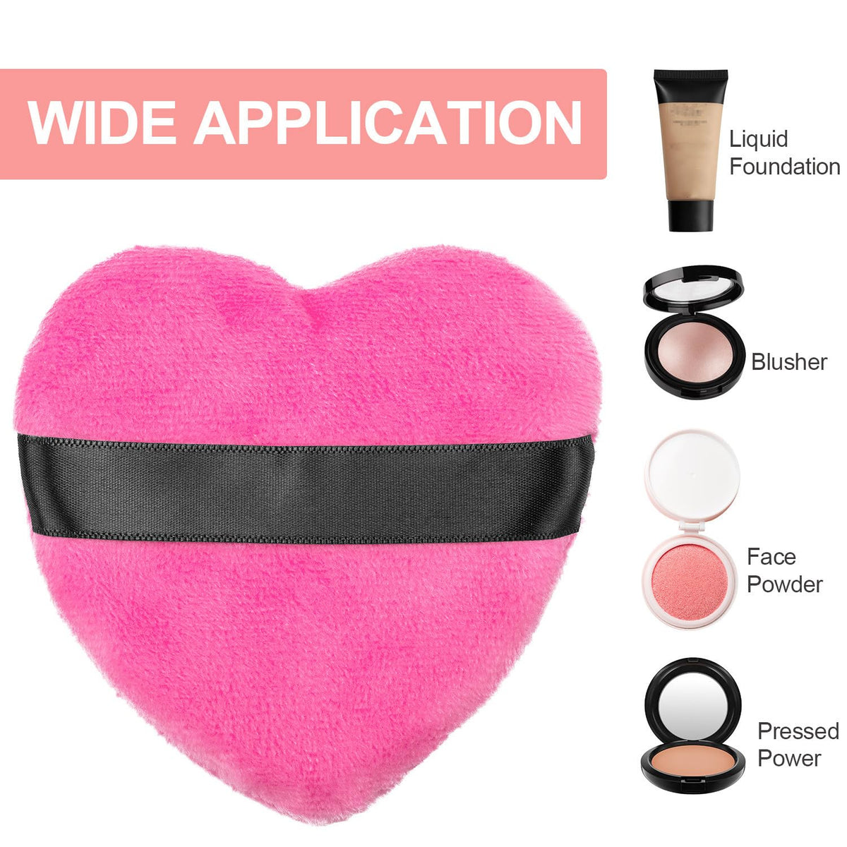 OIIKI 4PCS Makeup Puffs, Polyester Powder Puff, Makeup Tool Sponges Blender Cleanser, in Love Shape with Strap, for Cosmetic (Gray+White+Rose+Black)