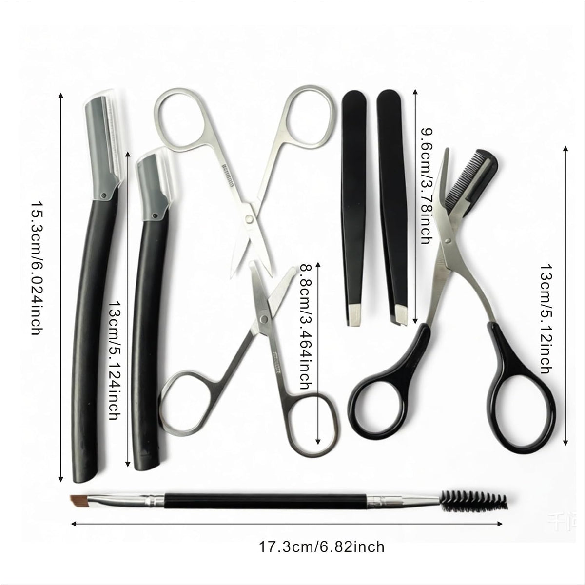 8 Pcs Eyebrow Kit, with Small Eyebrow Scissors with Comb,Eyebrow Razor Kit, Eyebrow Tweezers, Stainless Steel Nose Hair Scissors, Double-ended eyebrow Brush,Travel Size or Home, Gifts, Black