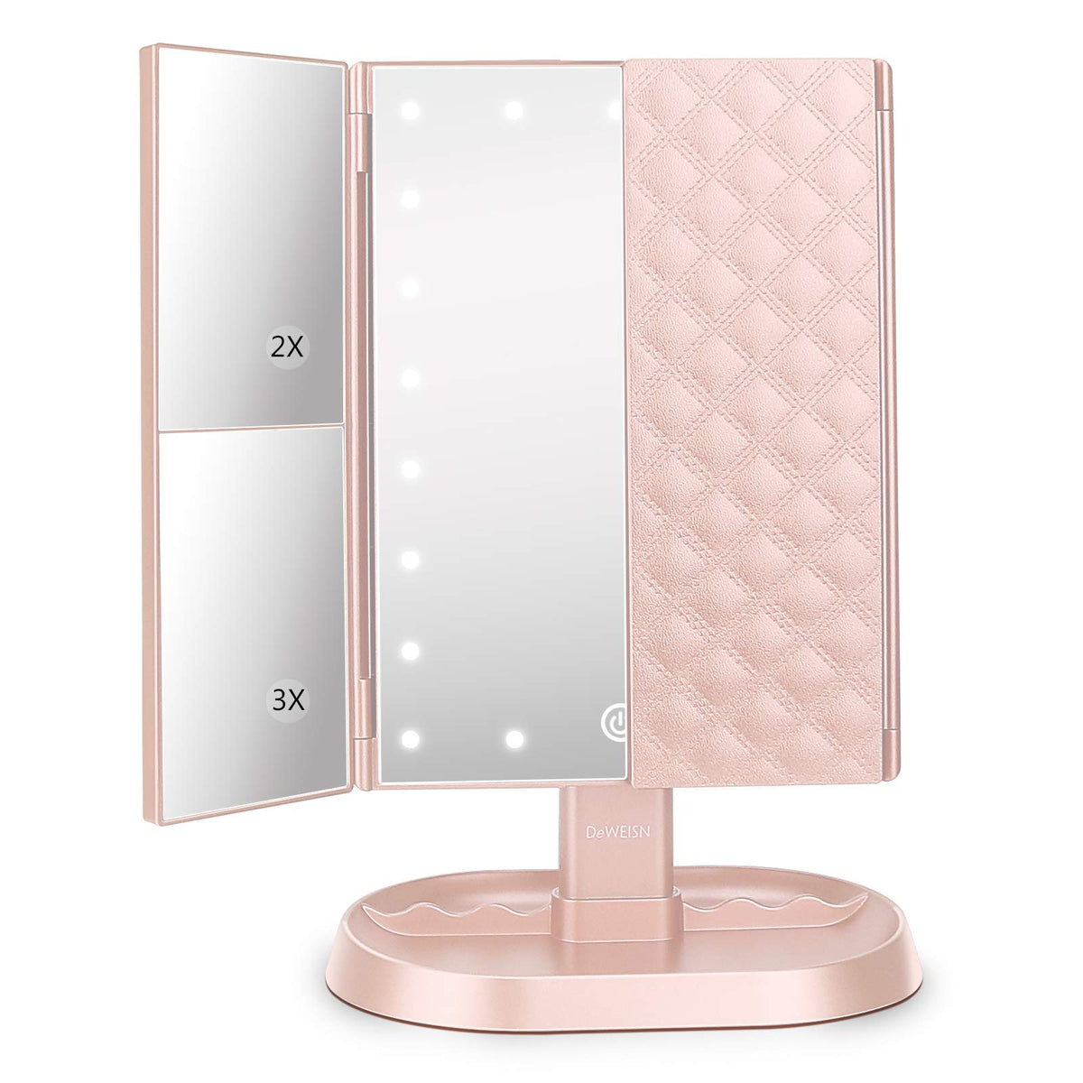deweisn Trifold Lighted Vanity Makeup Mirror with 21 LEDs Lights,1x/2x/3x Magnification and Touch Screen Dimming,Two Power Supplies Makeup Mirror, Gift for Women