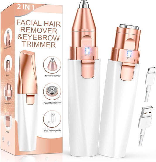 Eyebrow Trimmer Facial Hair Removal for Women: 2 in 1 Rechargeable Face Shaver with LED Light, Painless Electric Eyebrow Razor for Eyebrows, Upper Lip, Chin, Peach Fuzz & Fine Facial Hair