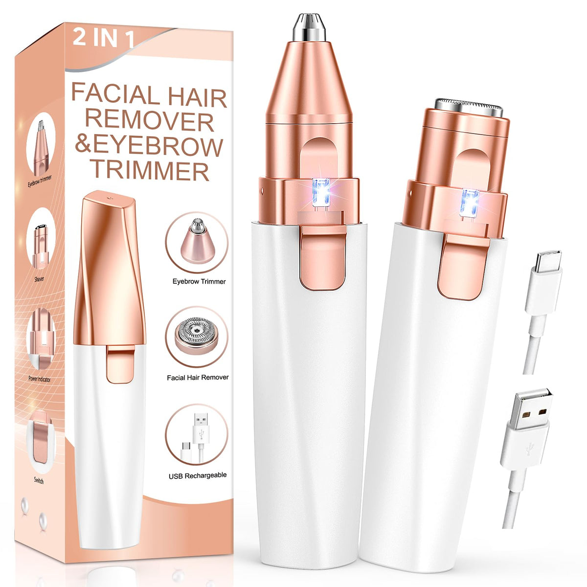 Eyebrow Trimmer Facial Hair Removal for Women: 2 in 1 Rechargeable Face Shaver with LED Light, Painless Electric Eyebrow Razor for Eyebrows, Upper Lip, Chin, Peach Fuzz & Fine Facial Hair