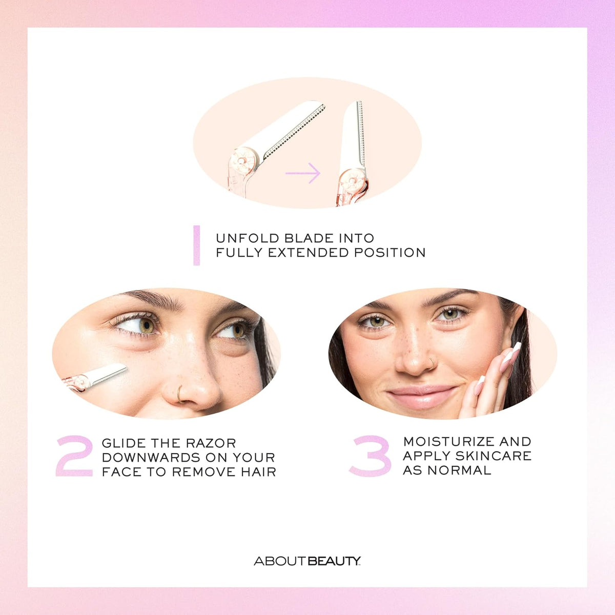 About Beauty Fuzz-Free Fold-n-Go Groomers - 3 Folding Beauty Groomers for Hair Removal, Ideal for Shaving, Exfoliating, and Brow Shaping, Japanese Steel Gently Removes Facial Hair