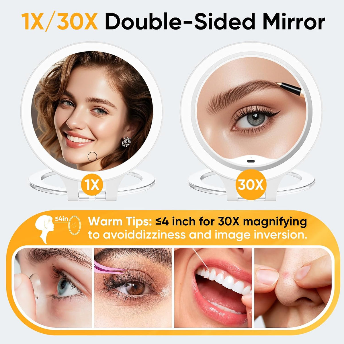 FASCINATE Travel 30X/1X Magnifying Mirror with Light Double Sided Mirror