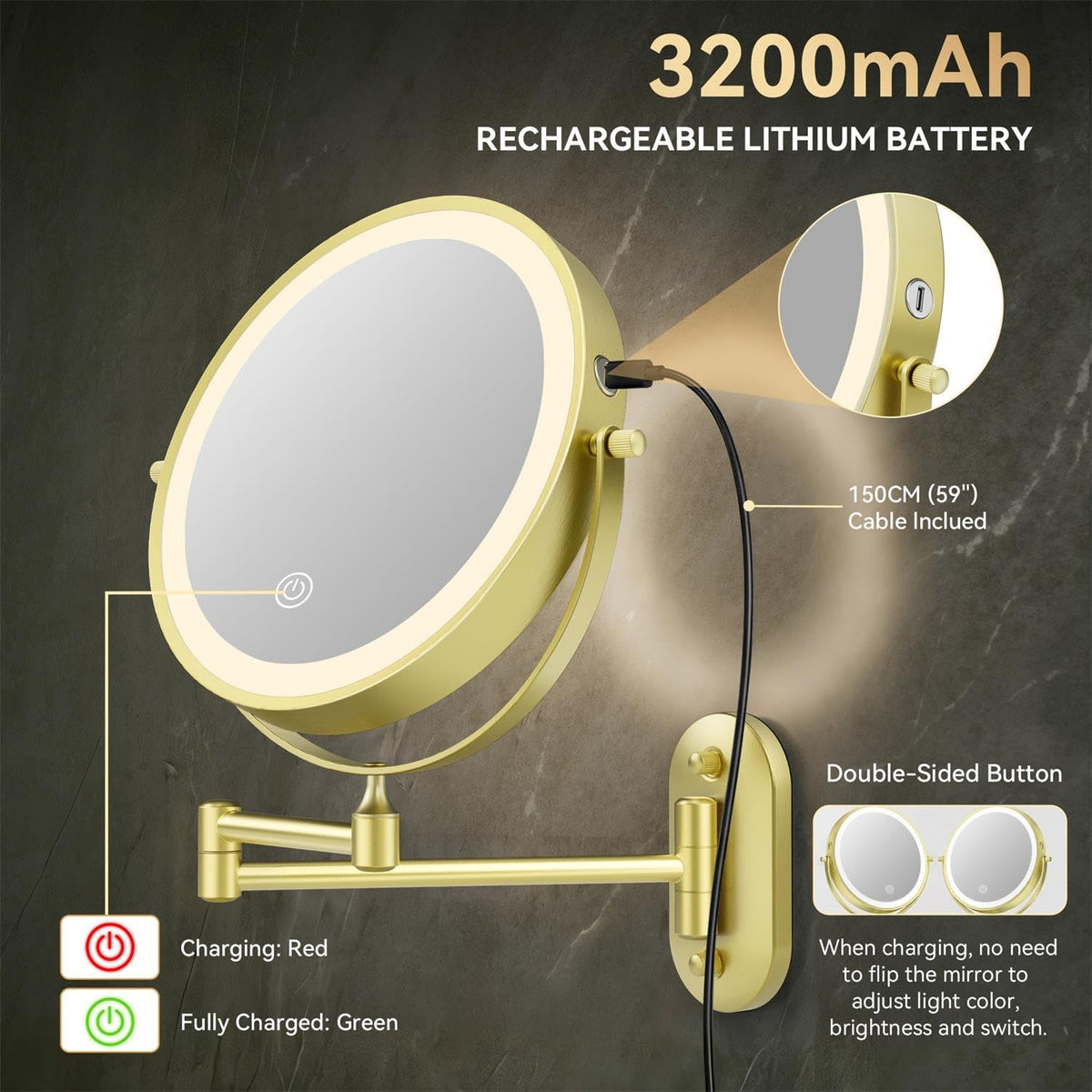 Auxmir 1X/20X Wall Mounted Makeup Mirror, 8" Rechargeable Magnifying Mirror