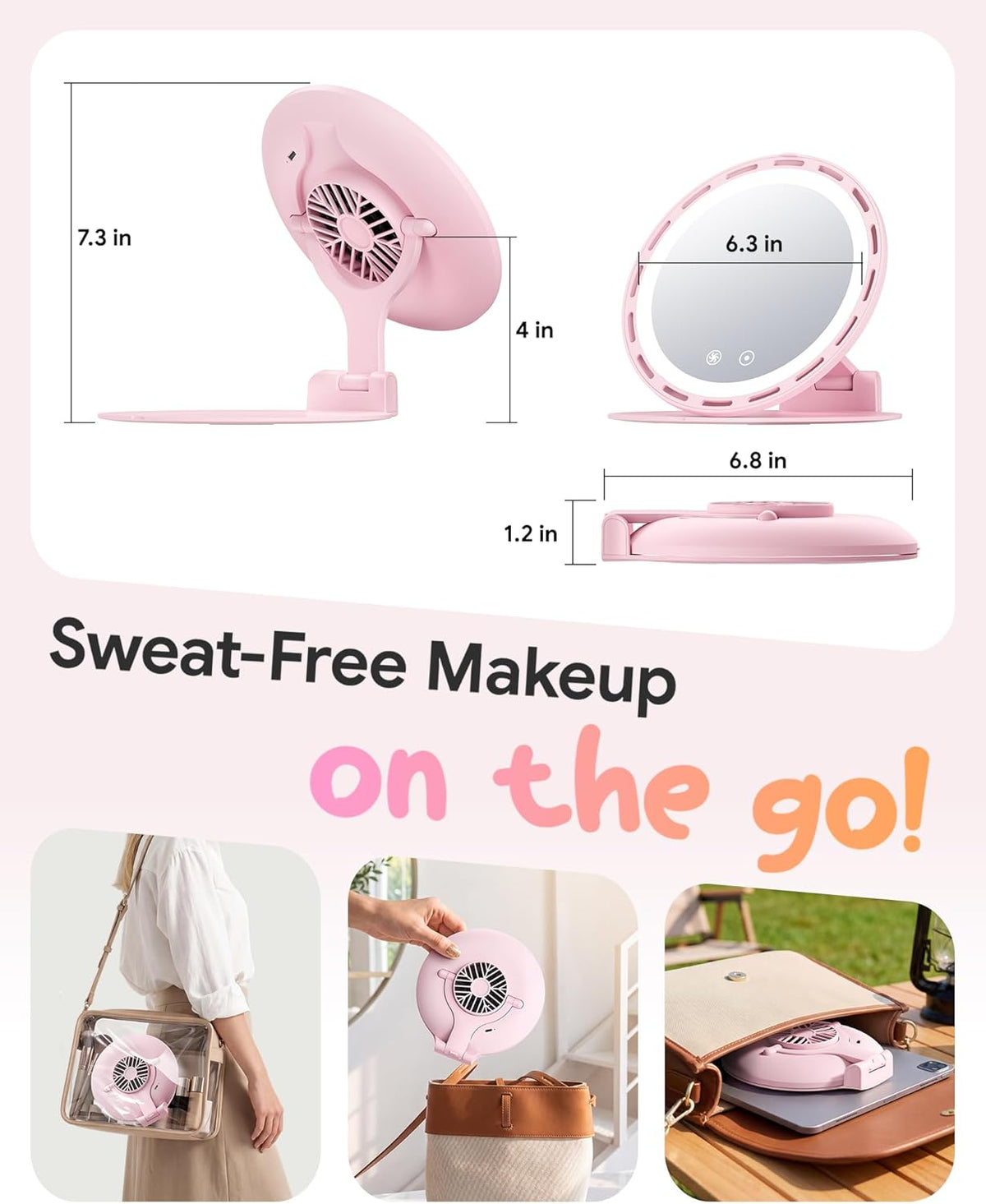 Gospire Foldable Lighted Makeup Mirror with Fan, 3-Speed & 3 Lights, Pink