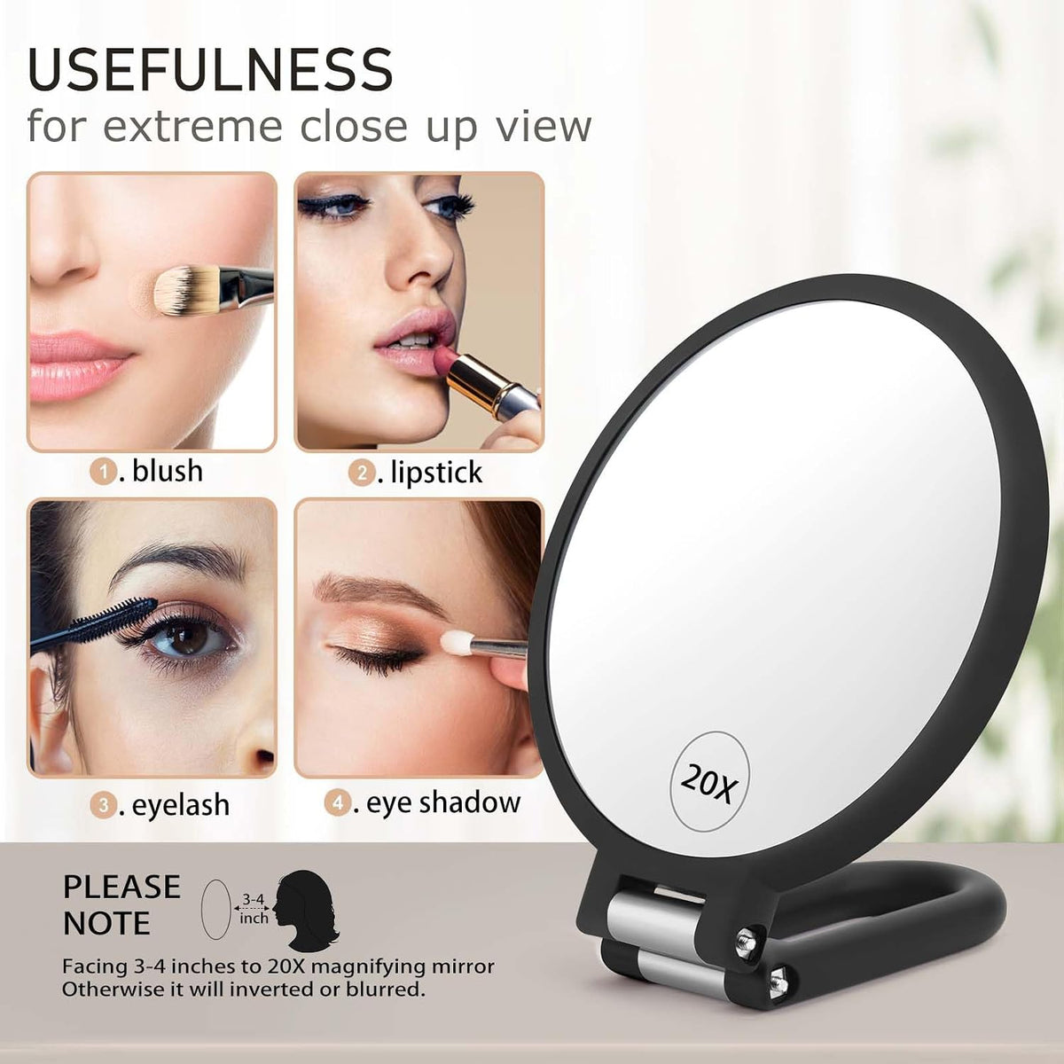 CLSEVXY Magnifying Handheld Mirror Double Sided, 1X 20X Magnification Hand Mirrors, Travel Folding Hand Held Mirror, 360°Rotation Pedestal Makeup Vanity Mirror