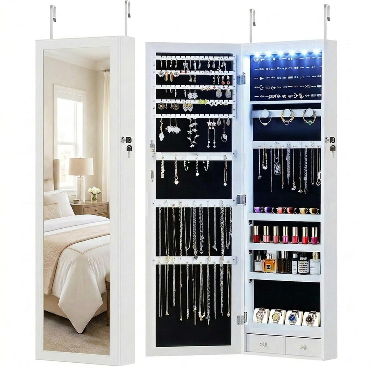 DUMOS 6 LEDs Mirror Jewelry Organizer Cabinet, Jewelry Armoire, 47.2 Inch