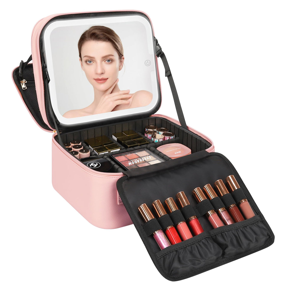 Relavel Travel Makeup Bag With LED Mirror, Cosmetic Train Case with Light up Mirror, Portable Makeup Artist Organizer Bag with Adjustable Dividers, Makeup Brush Holder Storage, Black
