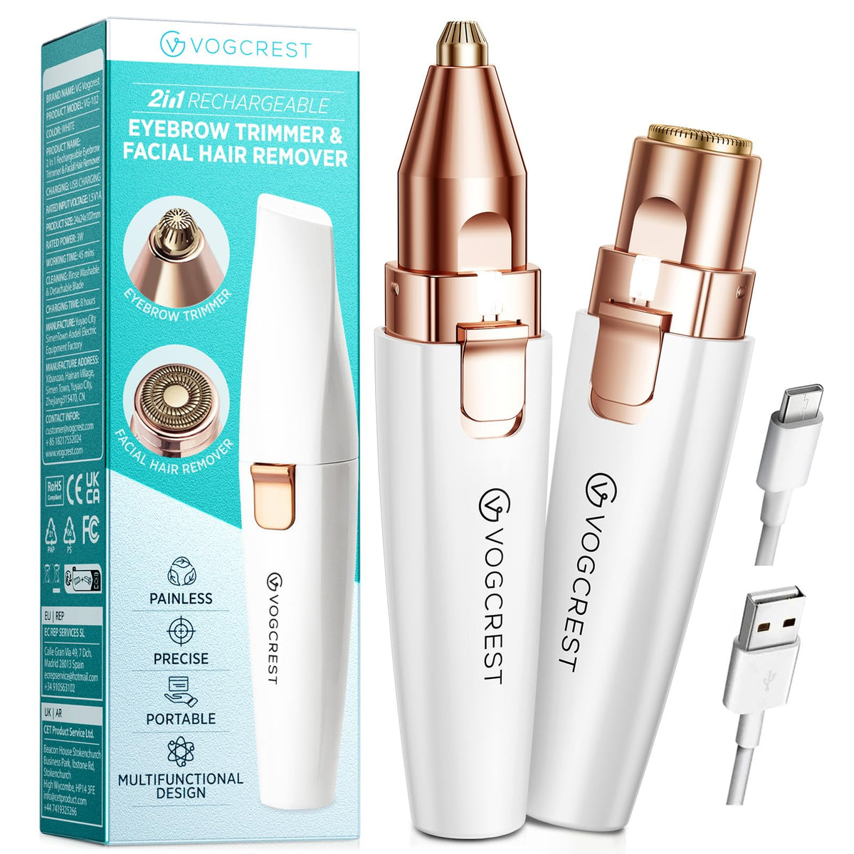 VG VOGCREST Eyebrow & Facial Trimmer: 2 in1 Rechargeable Facial Hair Removal & Eyebrow Shaver - Body Razor with Built-in LED Light (Rose Gold)