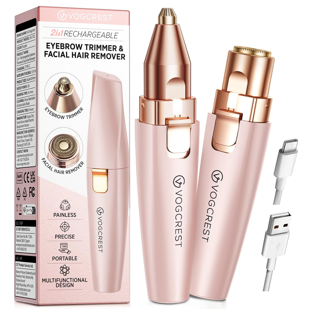 VG VOGCREST Eyebrow & Facial Trimmer: 2 in1 Rechargeable Facial Hair Removal & Eyebrow Shaver - Body Razor with Built-in LED Light (Rose Gold)