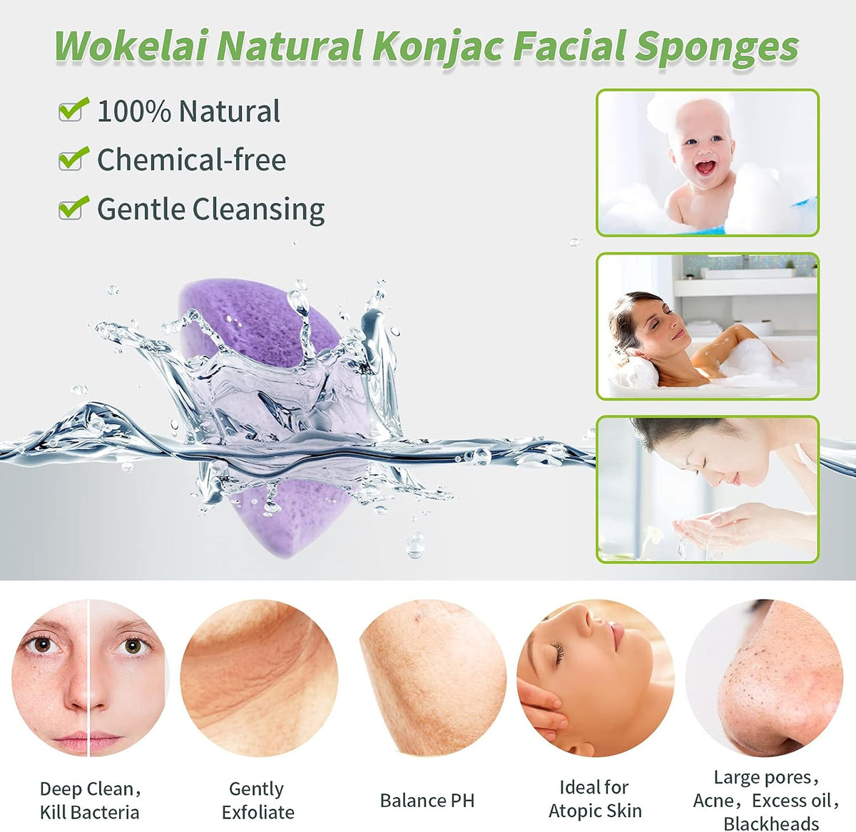 Konjac Facial Sponges for Cleansing Exfoliating - Konjac Face Sponge for Washing Face Body, Natural Cleaning Puff Buff Scrubber for Shower Bath SPA for Babys Men Women