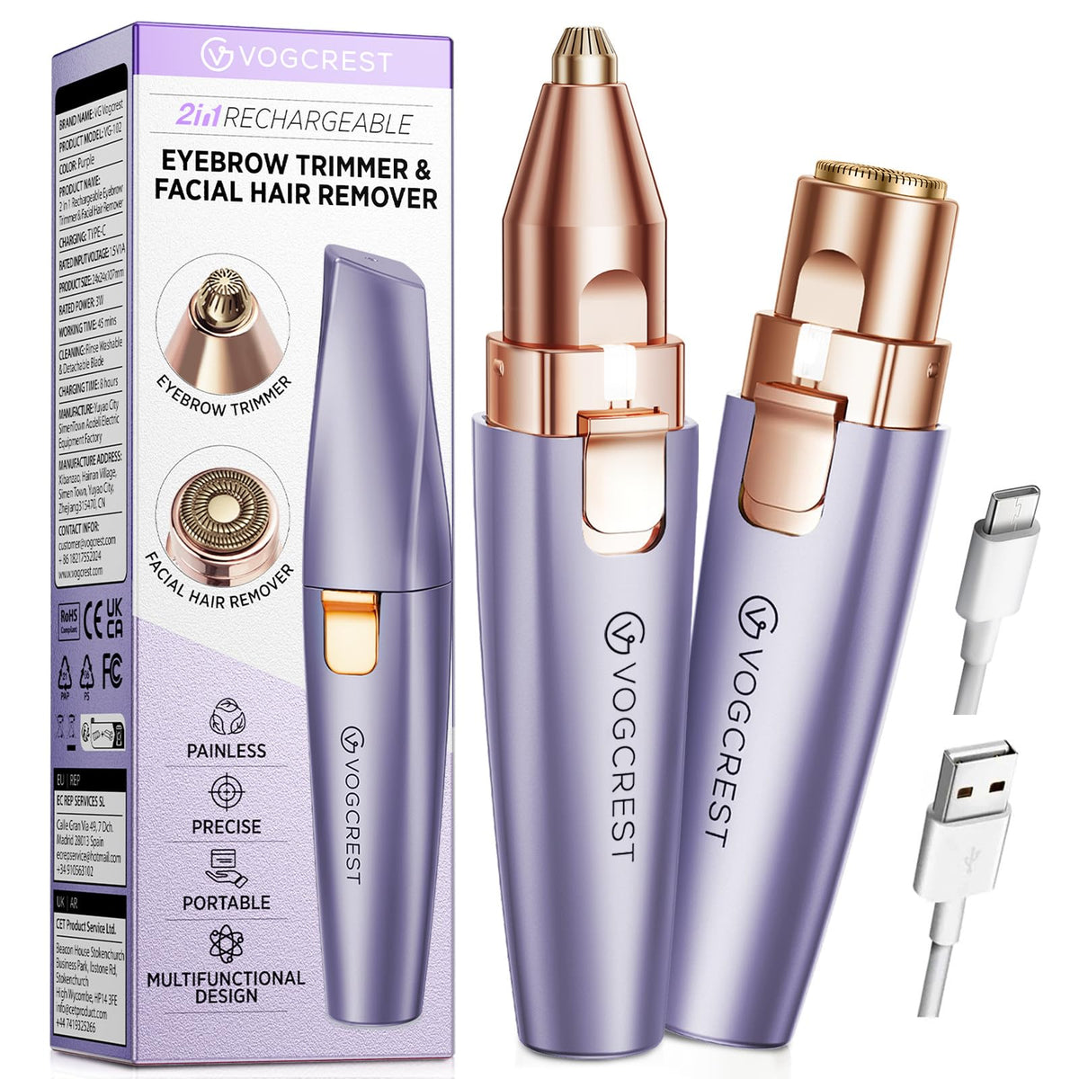 VG VOGCREST Eyebrow & Facial Trimmer: 2 in1 Rechargeable Facial Hair Removal & Eyebrow Shaver - Body Razor with Built-in LED Light (Rose Gold)
