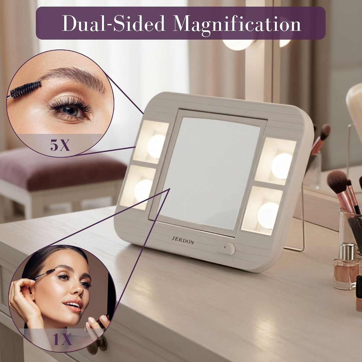 JERDON Lighted Makeup Mirror with 5X Magnification - White - J1015