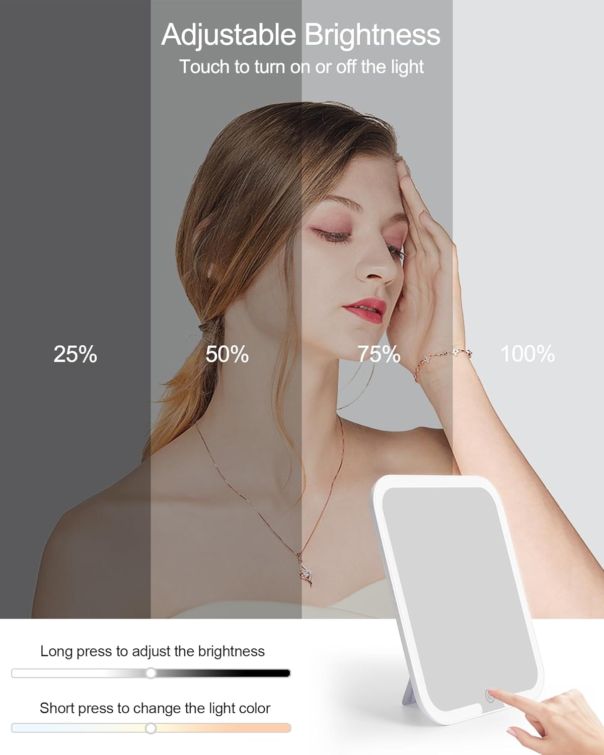 Relavel Makeup Mirror with Lights, LED Replacement for Makeup Bag, 3 Color Lights, Brightness Adjustable, 8.3 x 5.1 Inches