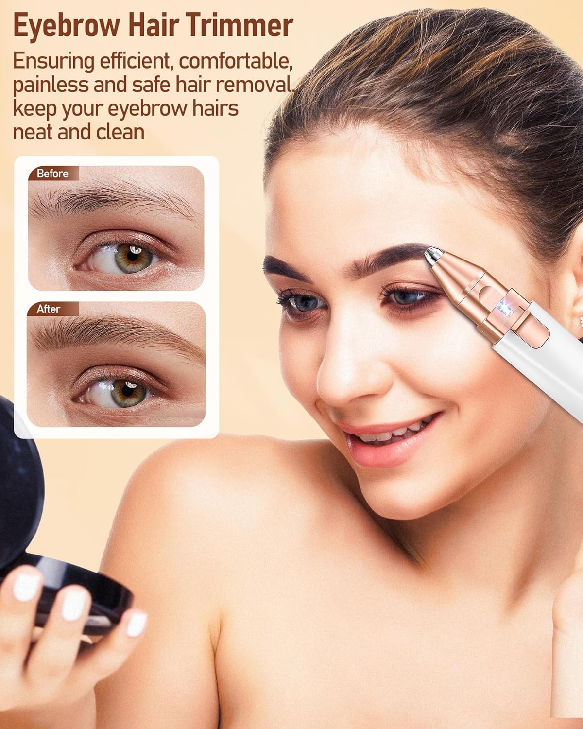 Eyebrow Trimmer Facial Hair Removal for Women: 2 in 1 Rechargeable Face Shaver with LED Light, Painless Electric Eyebrow Razor for Eyebrows, Upper Lip, Chin, Peach Fuzz & Fine Facial Hair