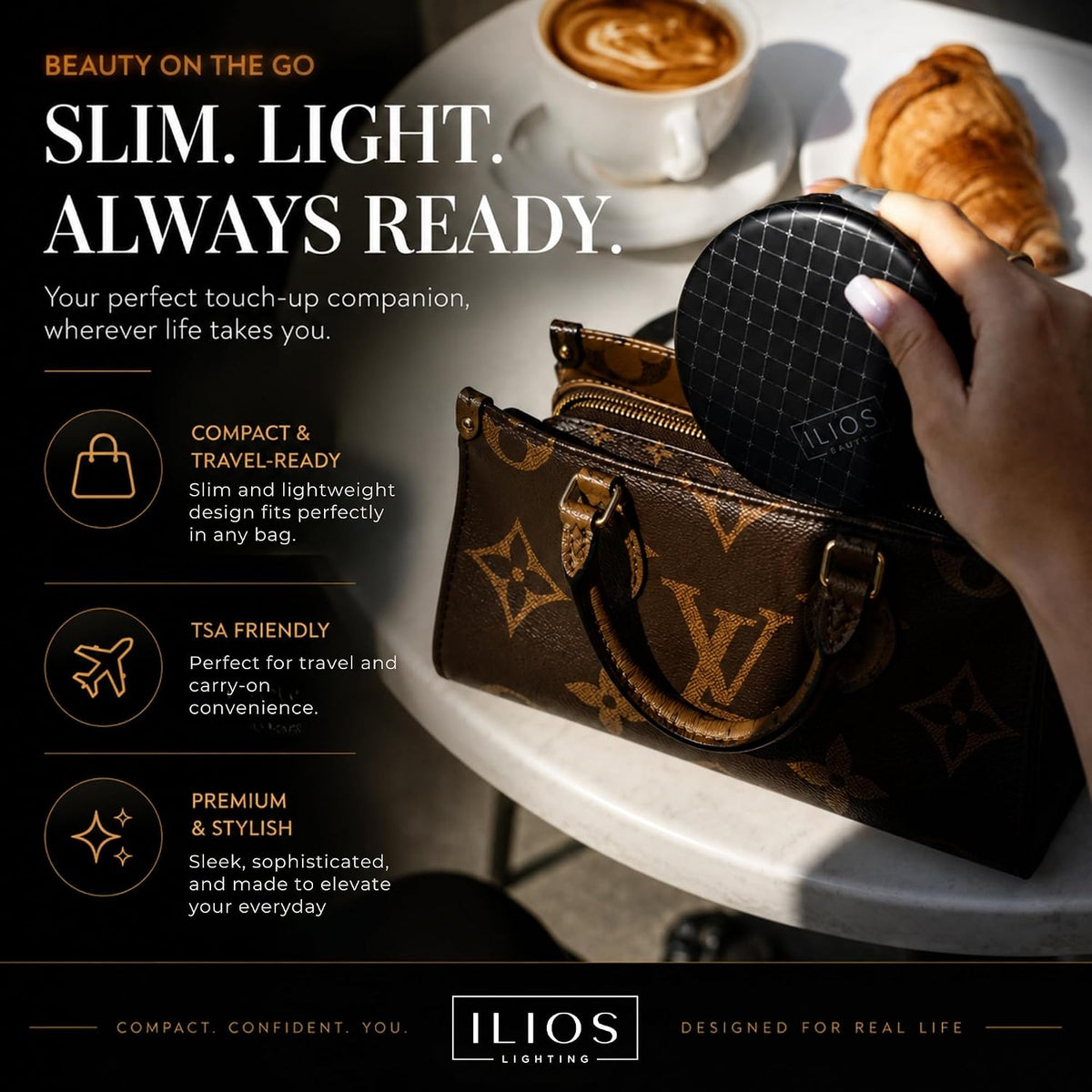 Ilios Lighting LED Compact Mirror with Light — 1x & 10x Magnification, 30-Day Battery, USB-C Rechargeable, 5-Inch Foldable Travel Makeup Mirror with Case (Black)