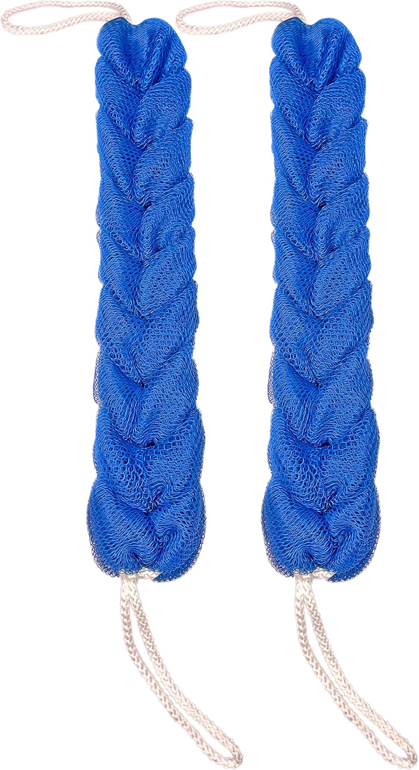 Long Stretch Back Sponge with Rope Handles Back Scrubber Bath Shower Mesh Sponge Exfoliating Body Scrub Stretch Braided Loofah for Men and Women(2-Pack,Blue)