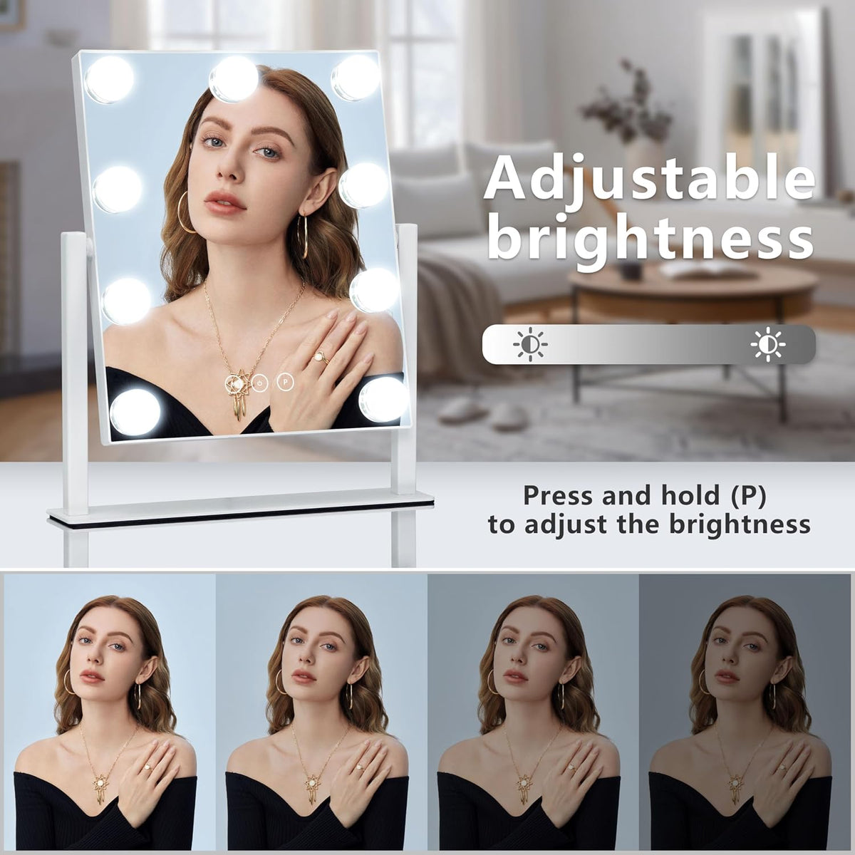 Kotdning Vanity Mirror with Lights,Lighted Vanity Mirror with 9 Dimmable Bulbs for Dressing Room & Bedroom,3 Color Lighting,Modes Detachable 10x Magnification 360°Ratation(White) 12" L x 14.4" W